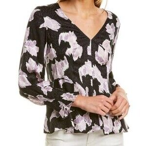 Rebecca Taylor Black Purple Floral Chic Feminine Silk Long Sleeve Blouse Size 6